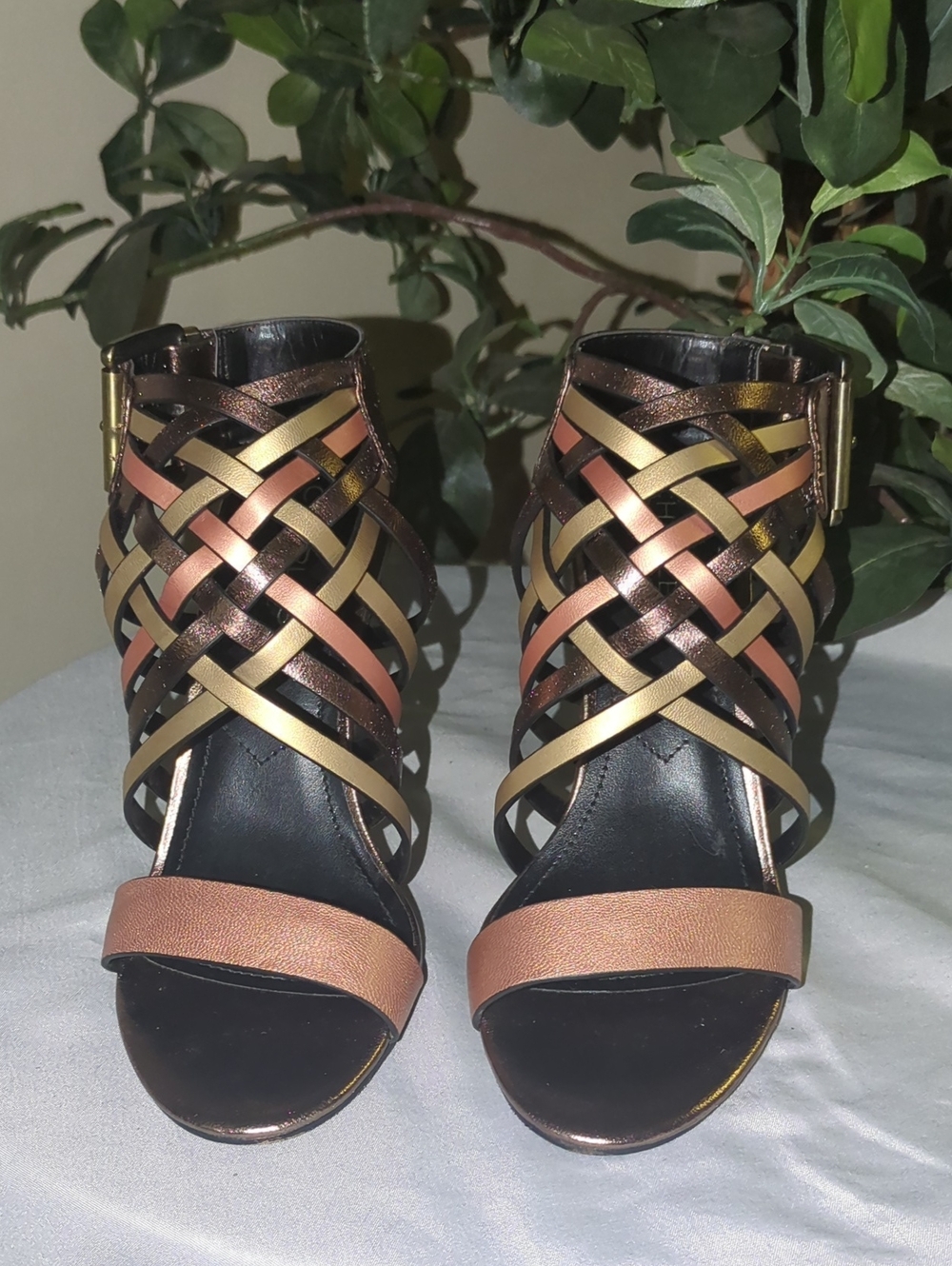 Charles By Charles David Metallic Woven Strappy Heels in Brown, Gold & Copper